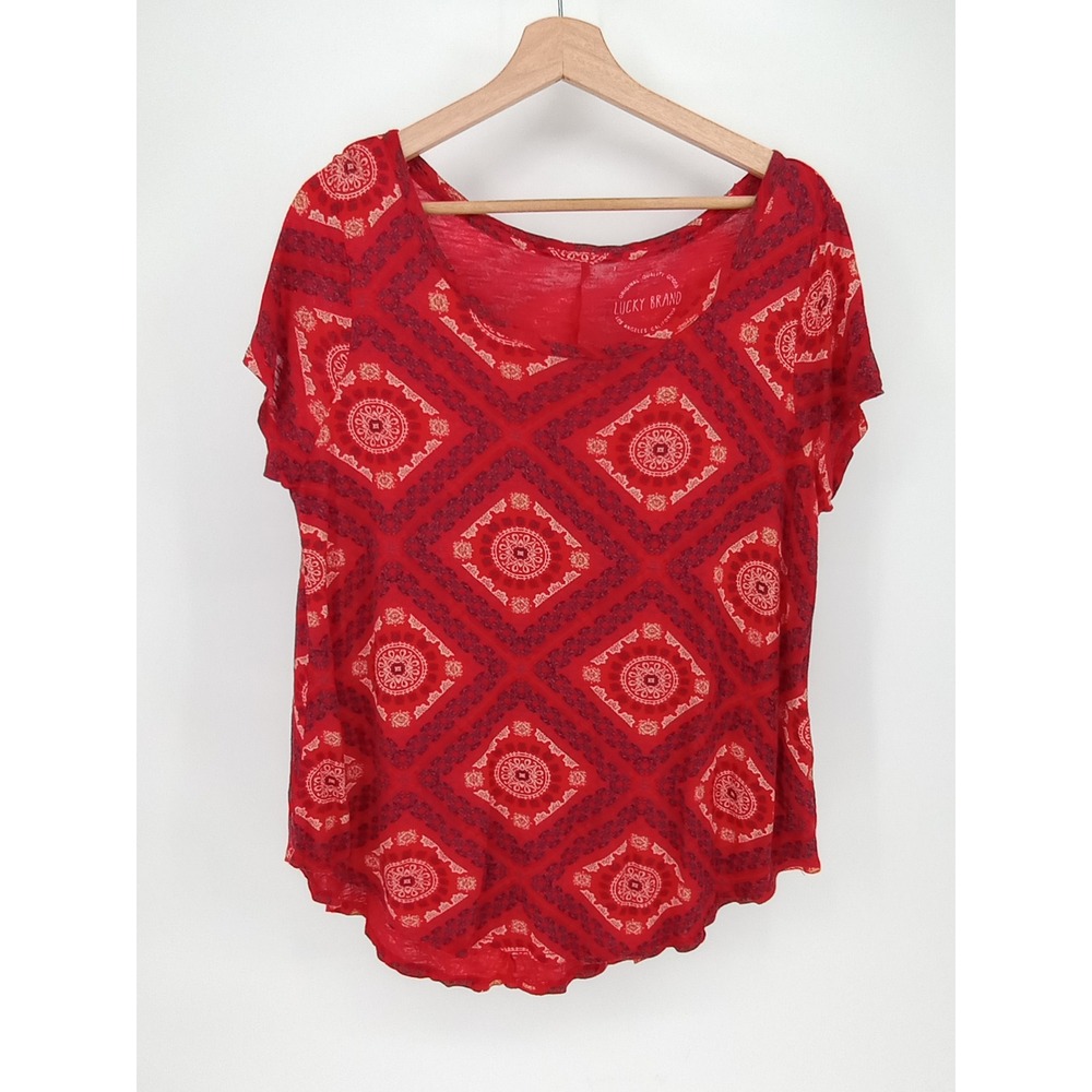 Lucky Brand T-Shirt Women Large Red Bandana Print Scoop Neck Short Sleeve